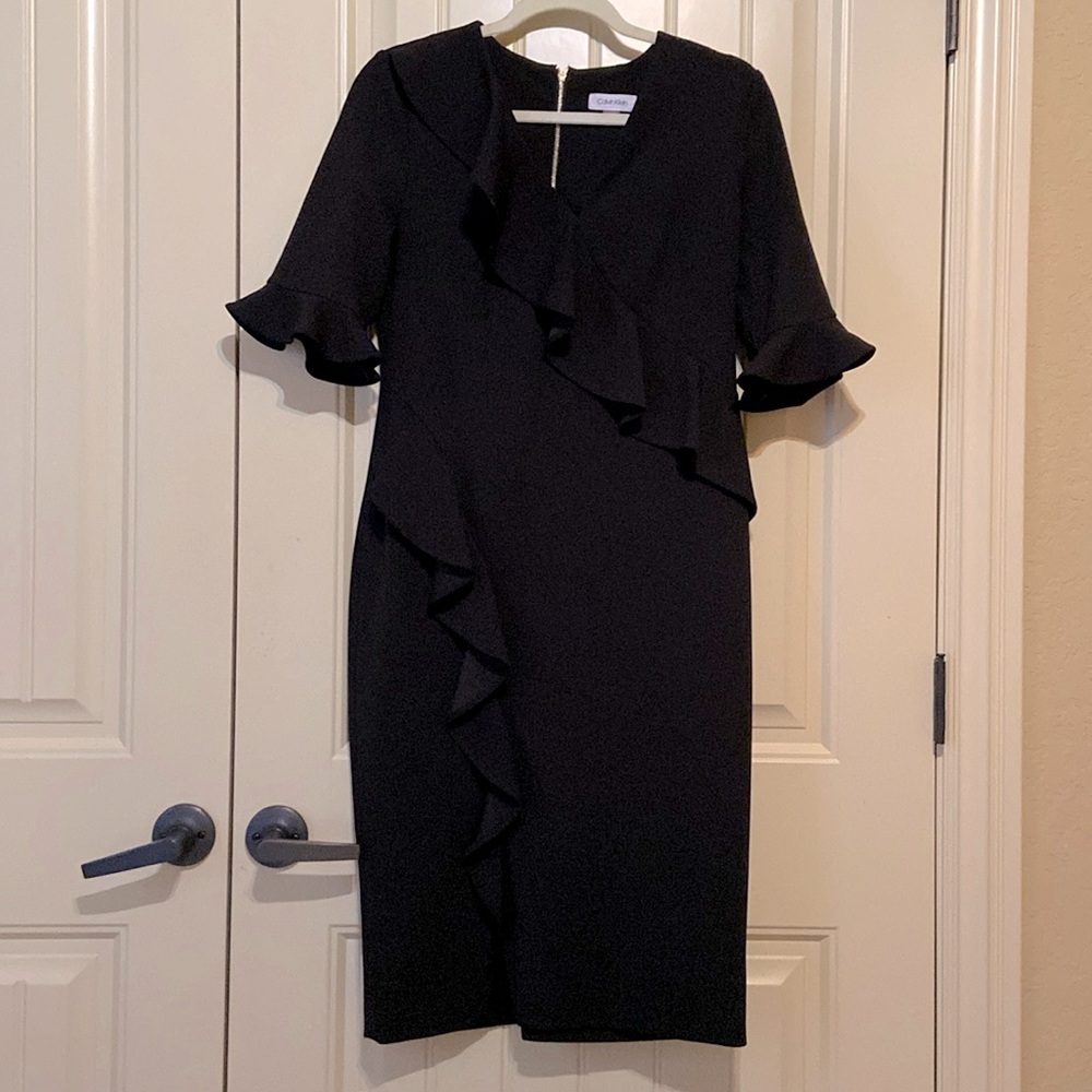 Calvin Klein Black Ruffle Dress with V-Neck and Flutter Sleeves